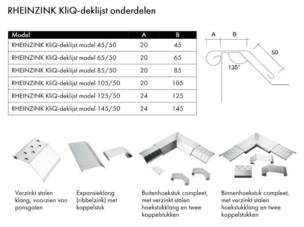 Rheinzink KliQ Deklijst 45 gr - 45 x 50 mm - overzicht